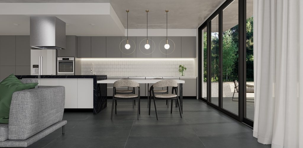 No projeto acima, mix de coleções Apollo Marquina POL (120×120) na bancada, Munich BK NAT (100×100) no piso e na parede ao fundo, Love Hexa WH MLX (15,5×17,5)