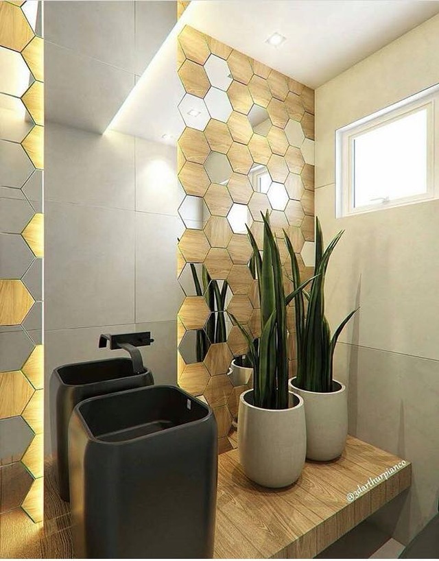 Neste projeto do arquiteto Arthur Piancó, a escolha foi pelo porcelanato Giardino Hexa Be, da Portinari, que contou com o efeito dos espelhos em mesmo tamanho e mesclado com o porcelanato. Um ambiente totalmente inovador! As peças medem 17,5 cm x 17,5 cm / 7×7″.