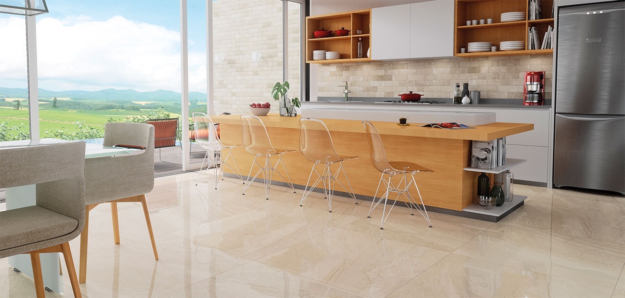 A linha Mediterrâneo traz todo o requinte das rochas ornamentais. Perceba como o brilho favorece os detalhes do porcelanato e confere a ele um reflexo inspirador.