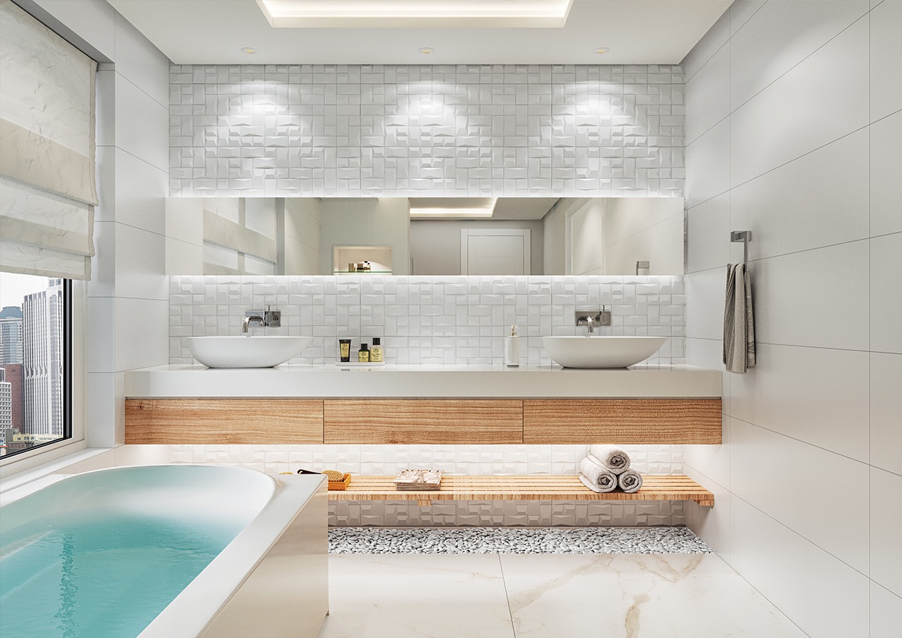 Composição de ambiente com porcelanatos da coleção Sensorial, com volumetria.