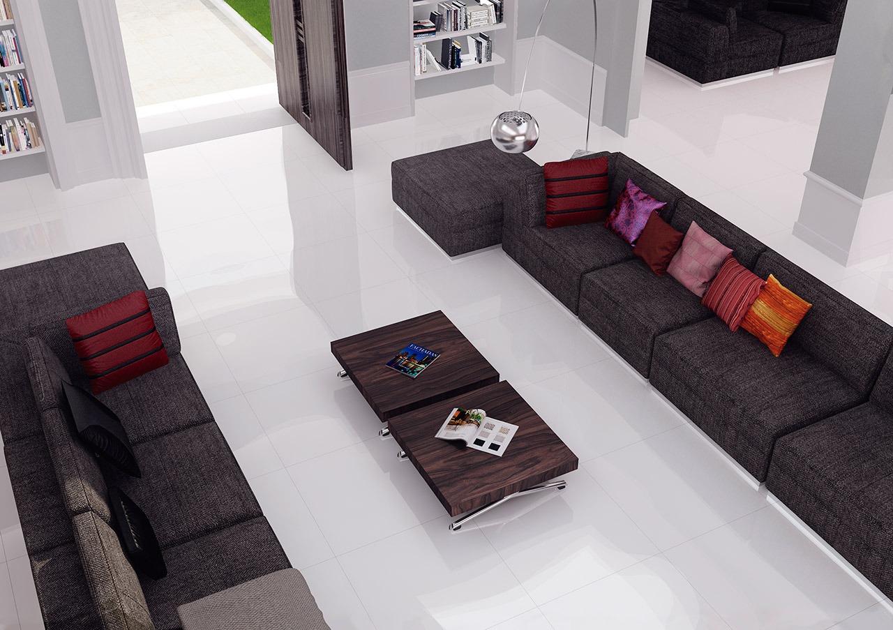 Porcelanato da linha Croma com mobiliário em tom mais escuro: contraste que garante protagonismo de todos os elementos de um ambiente.