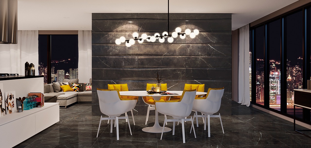 O porcelanato Lumina ganha formas e volumes em peças com relevo, formando uma composição de opulência e requinte para apreciar sem moderação.